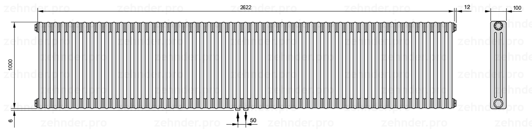 Схема (чертеж) Радиатор Zehnder Charleston 3100/57 №3470 Белый глянцевый RAL 9016